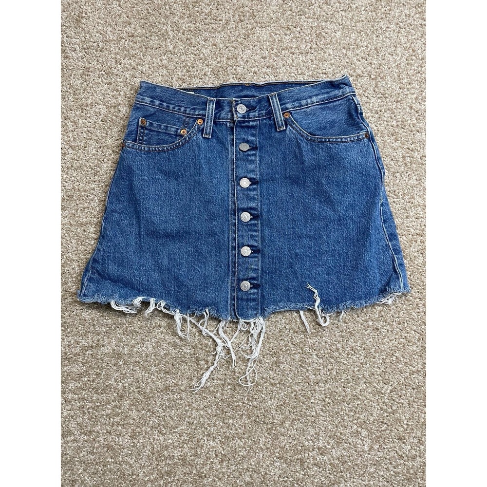 Levi's Premium Button Front Denim Mini Skirt Raw Edge‎ 27 Waterless Sustainable